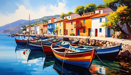 Tranquil Coastal Scene with Colorful Boats in a Calm Harbor