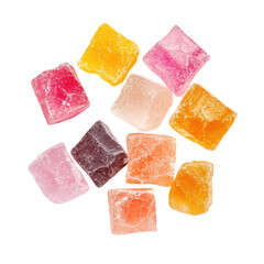Colorful, square-shaped candies in assorted fruity flavors
