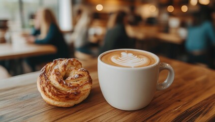 Latte and pastry on a wooden table in a cafe