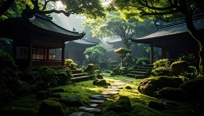 Fototapeta premium Tranquil Scene in Ancient Temple Courtyard Surrounded by Moss