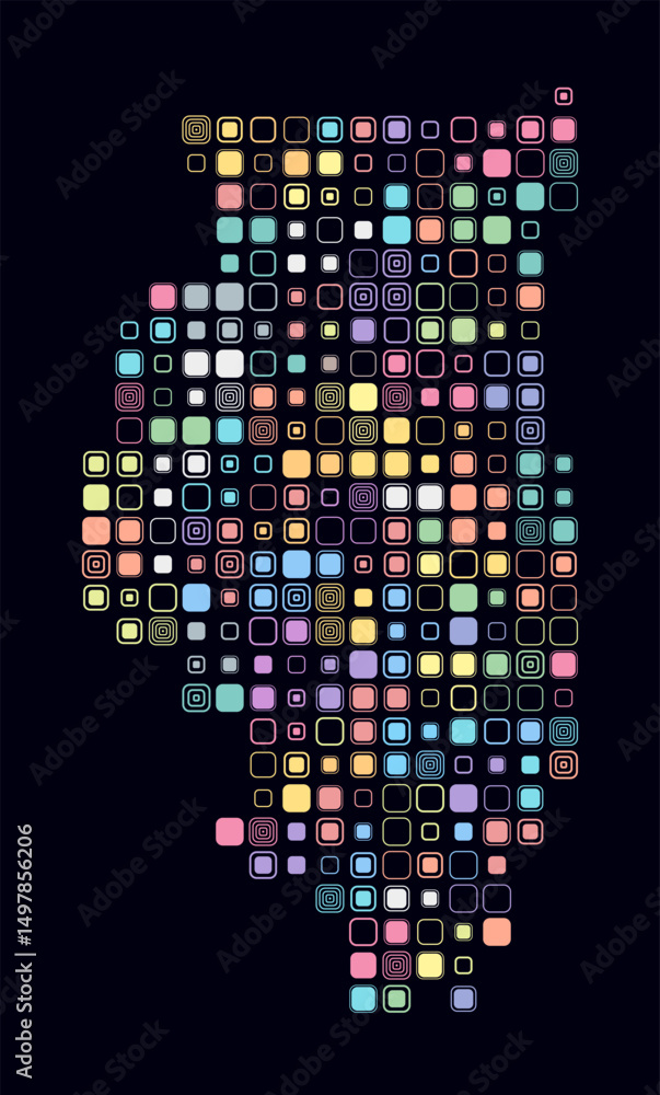 Poster illinois, shape of the state build of colored cells. digital style map of the illinois on dark backg