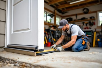 Man replacing exterior door sweep, focused on renovation task. Concept of exterior door sweep replacement, emphasizing DIY home improvement process.
