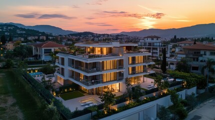 Modern residential buildings at sunset: new luxury apartments with balconies and landscaping.