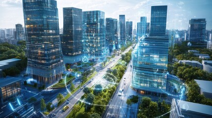 Obraz premium Modern solar powered smart cities integrate advanced photovoltaic systems with innovative IoT infrastructure fostering sustainable urban development efficient energy management.