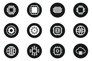 High resolution black vector ai icons depicting ai chips and neural networks