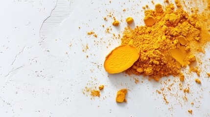 Bright Yellow Turmeric Powder with Fresh Slices on White Surface for Culinary and Health Purposes