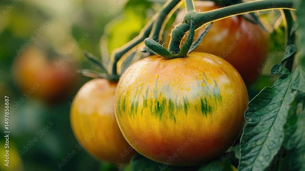Poster a close-up view of a bunch of ripe tomatoes growing on a tree branch