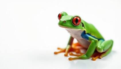 Fototapeta premium Green tree frog, perched on white, vibrant colors, detail, clean background