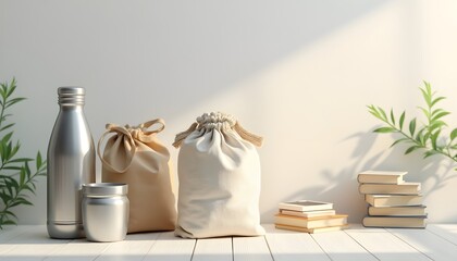 A minimalistic still life with a bottle, a bag, and a stack of books on a wooden surface