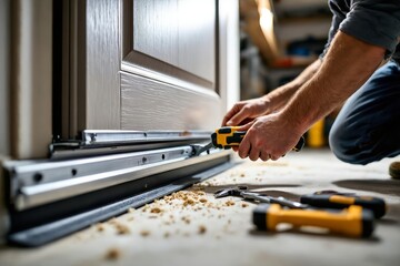 Man squatting, holding screwdriver, replacing exterior door sweep, renovation. Concept of DIY exterior door sweep replacement in workshop setting, tools scattered around.