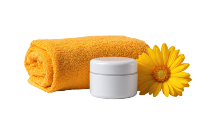 A rolled yellow towel, a white cream jar, and a bright yellow gerbera daisy are arranged on a plain background, suggesting a spa or beauty product