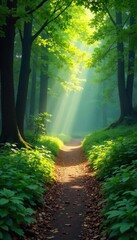 Sun-dappled forest path winding through lush greenery, sunlight filtering through leaves, creating a magical atmosphere  Perfect for nature, travel, and adventure themes , branch, moss