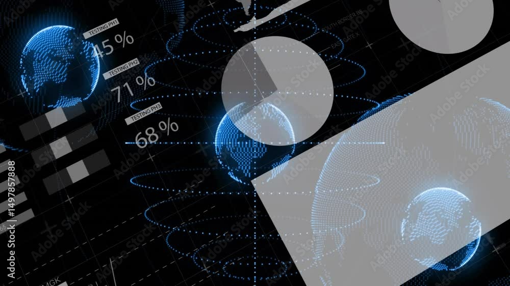 Poster On load data UI displaying globes animating gauges sliding waveform expanding panels for monitoring