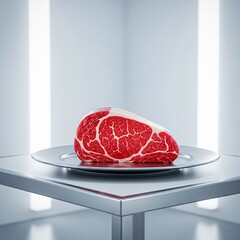 Lab-Grown Meat Steak on Sterile Plate Futuristic Food Concept