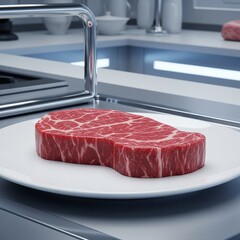 Futuristic Lab-Grown Steak Presented Sterile Food Design Concept