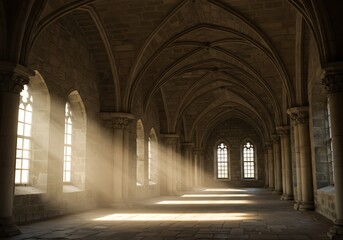 Light streams through gothic windows in old hall