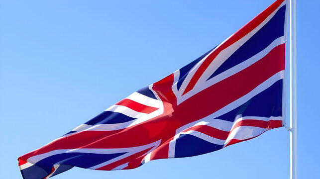 United Kingdom Union Jack Flag Waving Proudly Against Blue Sky :