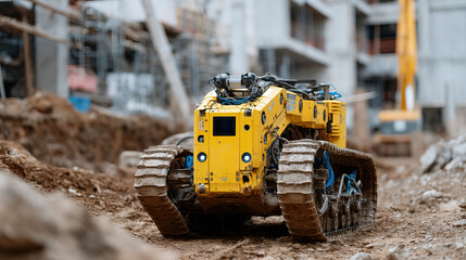 Advanced autonomous trenching robot working on construction site with tracked wheels and yellow body, digging soil efficiently