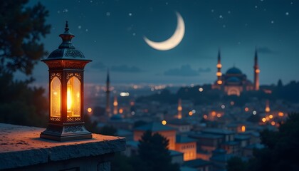 Fototapeta premium A lantern on a stone ledge overlooking a cityscape at night with a crescent moon in the sky. For Eid Al Adha