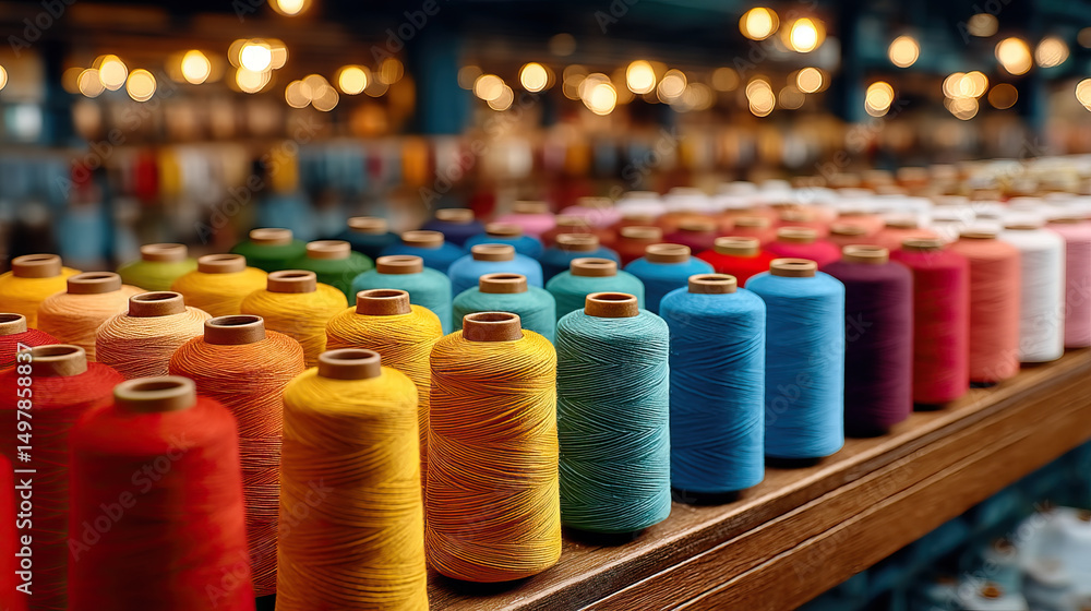 Poster colorful thread spools neatly aligned on wooden shelf with warm bokeh lights creating cozy atmospher