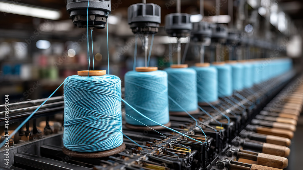 Poster blue thread spool on textile machine in factory with multiple spools in row producing yarn