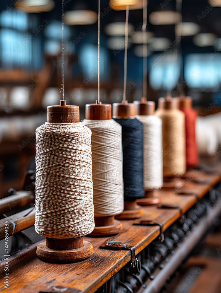 Poster spools of thread in various colors lined up on wooden textile machine, creating warm and focused atm