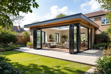 Modern orangery installation with wooden roof, bi-folding doors, lush greenery, inviting atmosphere, comfortable interior. Concept of orangery installation for renovation projects.