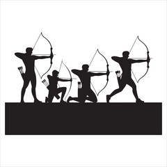 Black Silhouette Archer Set in Various Poses Vector Style on White Background