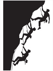 Black Silhouette Vector of Rock Climbers in Action with Gear on White Background