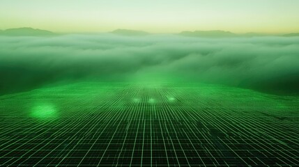 Abstract Green Grid Landscape with Clouds