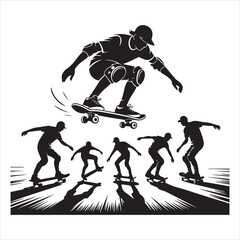 Black Silhouette Vector Set of Skateboarders Performing Tricks and Poses