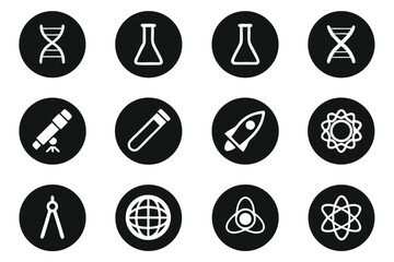 Fototapeta premium Twelve black science icons set featuring atom beaker microscope flask and other related scientific symbols