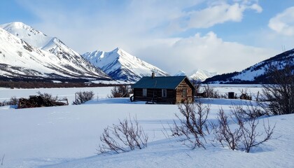 Snowy Alaskan Homestead Farmhouse in Remote Rugged Landscape