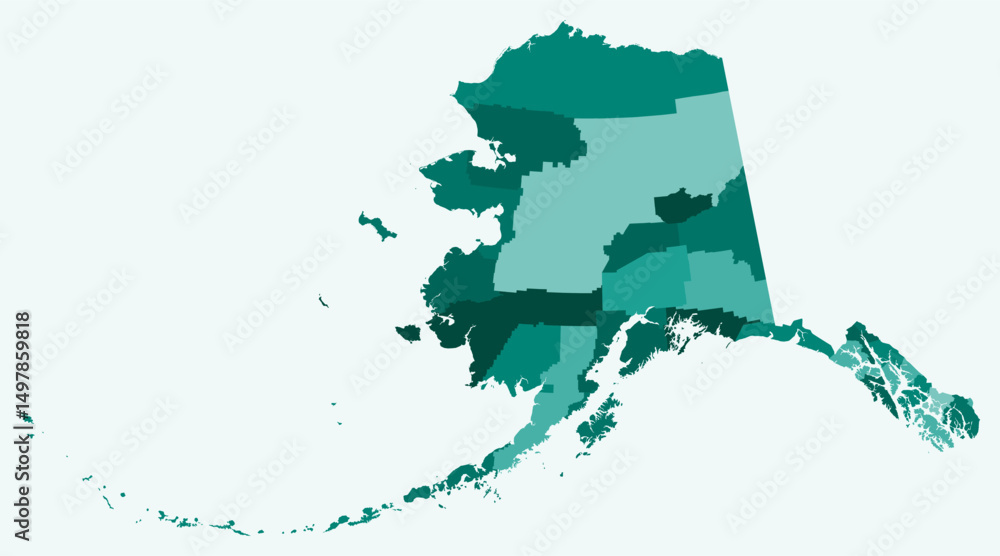 Poster map of alaska with counties. just a simple state border map with county division. teal color palette