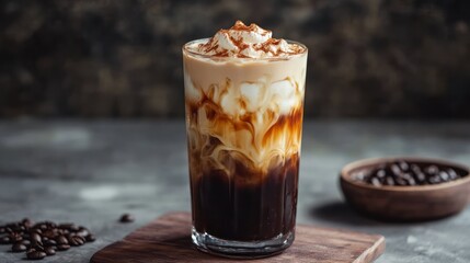 A layered iced coffee with whipped cream in a tall glass. Delicious and tempting.