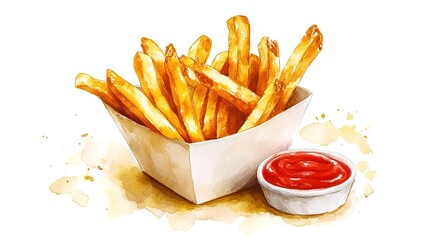 French fries and ketchup watercolor illustration for greeting

