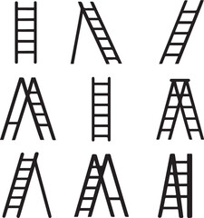Ladder Icon Set – Black Silhouette Vector Collection on White Background

