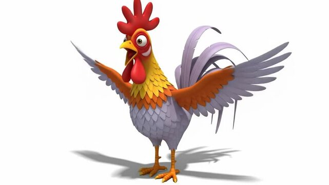 Cartoon Rooster Crowing Animation on White Background