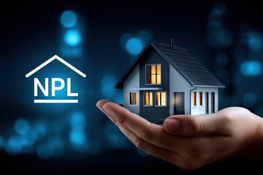 Non performing loan concept with house model in hand and NPL symbol glowing, representing financial risk and debt