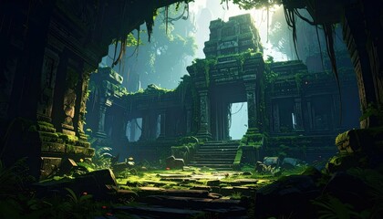 Fototapeta premium Ancient Temple Ruins Surrounded by Lush Greenery and Mystery