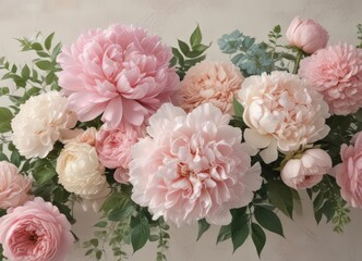 Soft pastel vintage floral wall  Roses, peonies, hydrangeas in a romantic arrangement  ,  event,  spring flowers,  faux floral