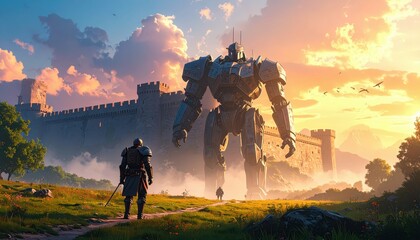 Fototapeta premium Majestic Armored Colossus Walking Toward Ancient Fortress at Sunset