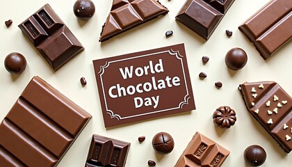 Delectable Chocolate Feast: A top-down perspective reveals an array of chocolate bars and bonbons artfully arranged, celebrating World Chocolate Day. Perfect for anyone with a sweet tooth! 