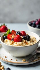 A steaming bowl of creamy oatmeal, topped with fresh berries and nuts, ready to be enjoyed for a healthy and delicious breakfast ,  morning,  seeds,  fall