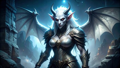 Menacing Armored Gargoyle with Wings in Ethereal Stone Landscape