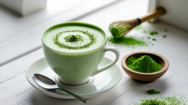 Matcha green tea latte served with accessories provides a delightful way to enjoy the energy boost and health benefits.