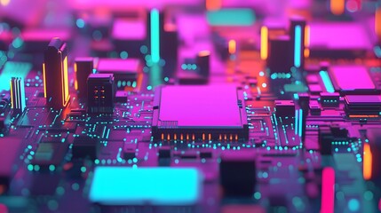Fototapeta na wymiar Vibrant electronic circuit board with glowing neon lights