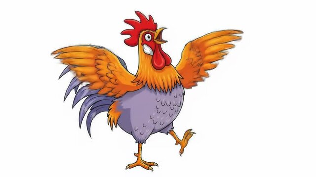 Crowing Rooster Animated Character on White Background