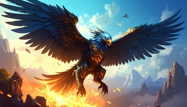 Majestic Armored Roc Soaring Over Fiery Landscape at Dusk
