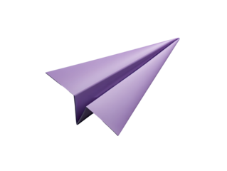 A digitally rendered, light-purple paper airplane, sharply folded with defined creases, appears to be in flight against a black background.  The subtle lighting enhances its three-dimensional form